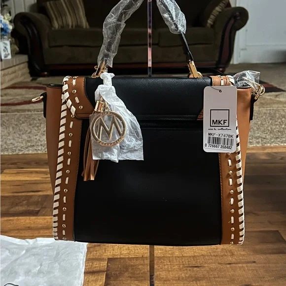 MKF Collection by Mia K Flora ~ Brown/Beige Leather W/ Flora Satchel Bag ~ New - Picture 7 of 16